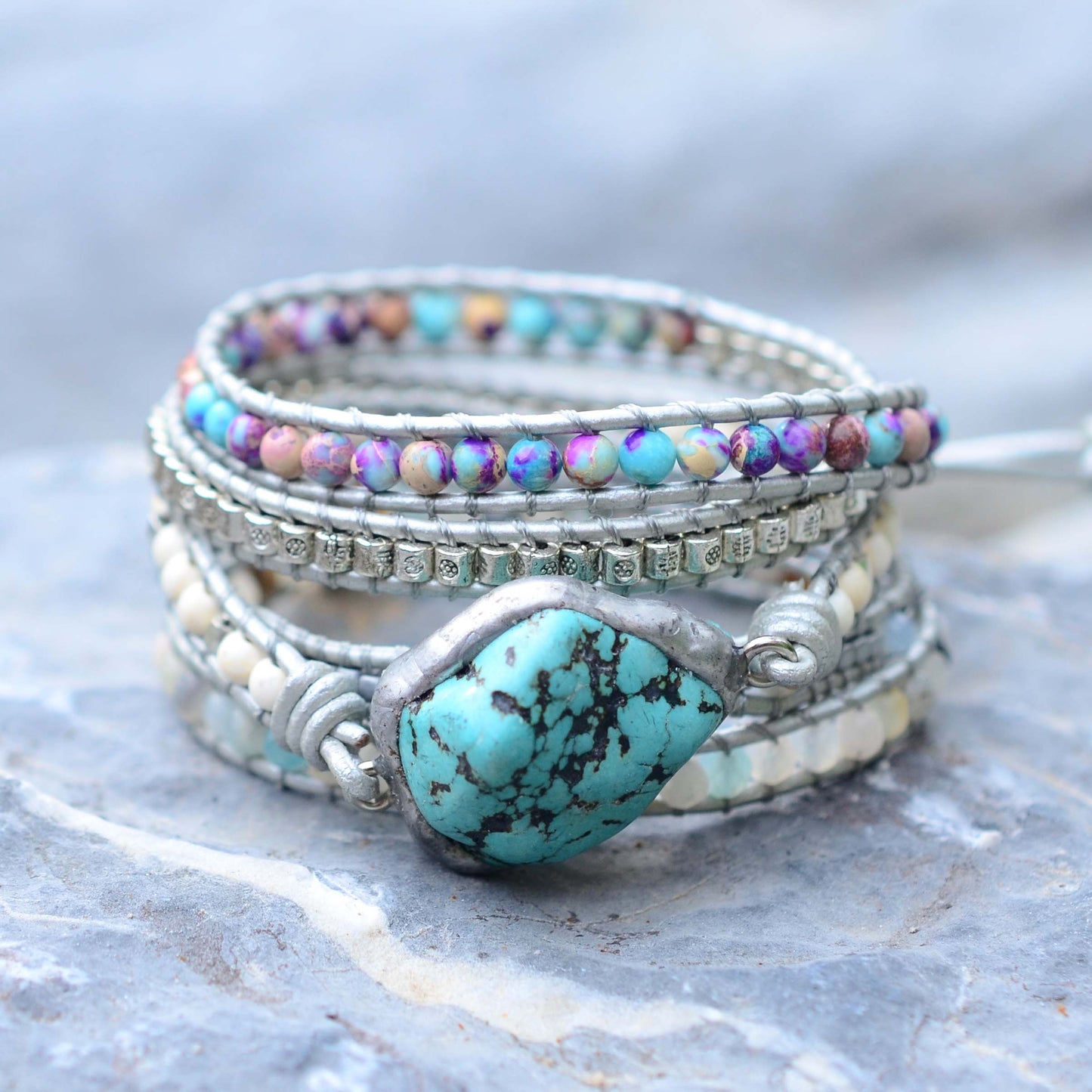 Trinity Natural Turquoise, Jasper & Amazonite  Wrap Bracelet