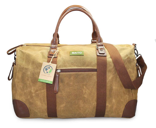 Weekender Duffel Bag Waxed Canvas Vegan Leather Trim Brown Large