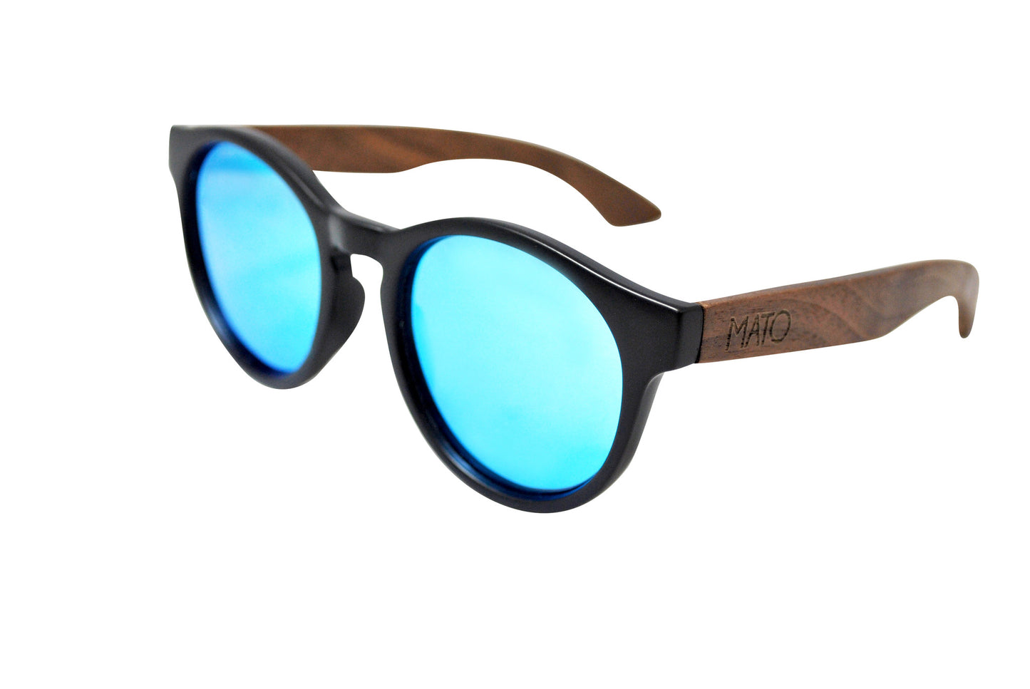 Mato Wooden Sunglasses Bamboo Handle Erika Round Polarized Blue Mirror