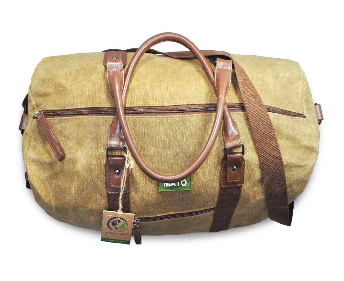 Weekender Duffel Bag Waxed Canvas Vegan Leather Trim Brown Large