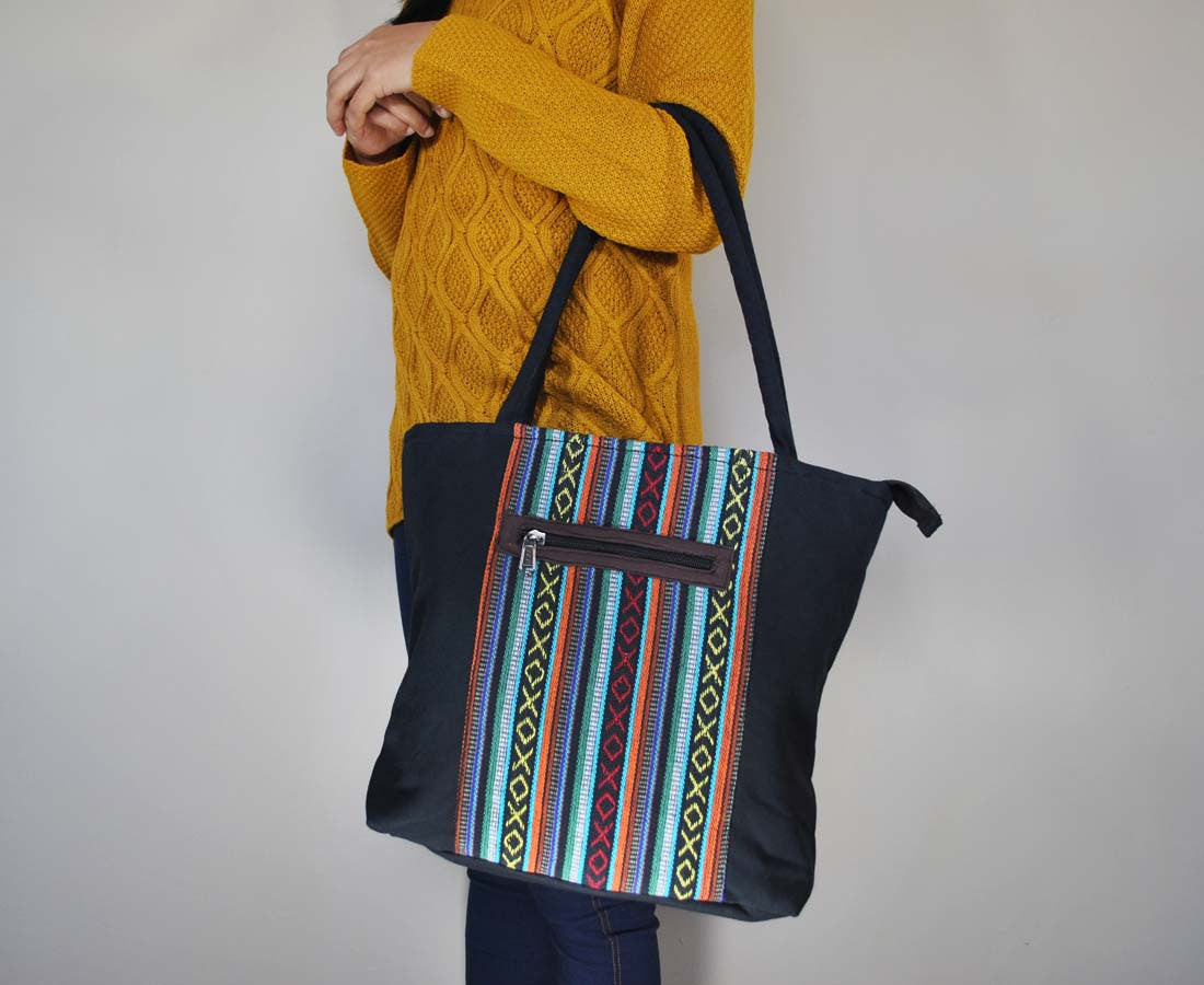 Mato Tote Bag Canvas Handbag Woven Pattern Black